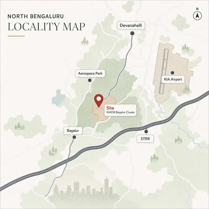 Nikoo Homes 9 location map showing the KIADB Bagalur cluster site, Bagalur, KIADB Aerospace Park, Devanahalli, the STRR and Kempegowda International Airport in North Bengaluru Nikoo Homes 9 location map showing the KIADB Bagalur cluster site, Bagalur, KIADB Aerospace Park, Devanahalli, the STRR and Kempegowda International Airport in North Bengaluru